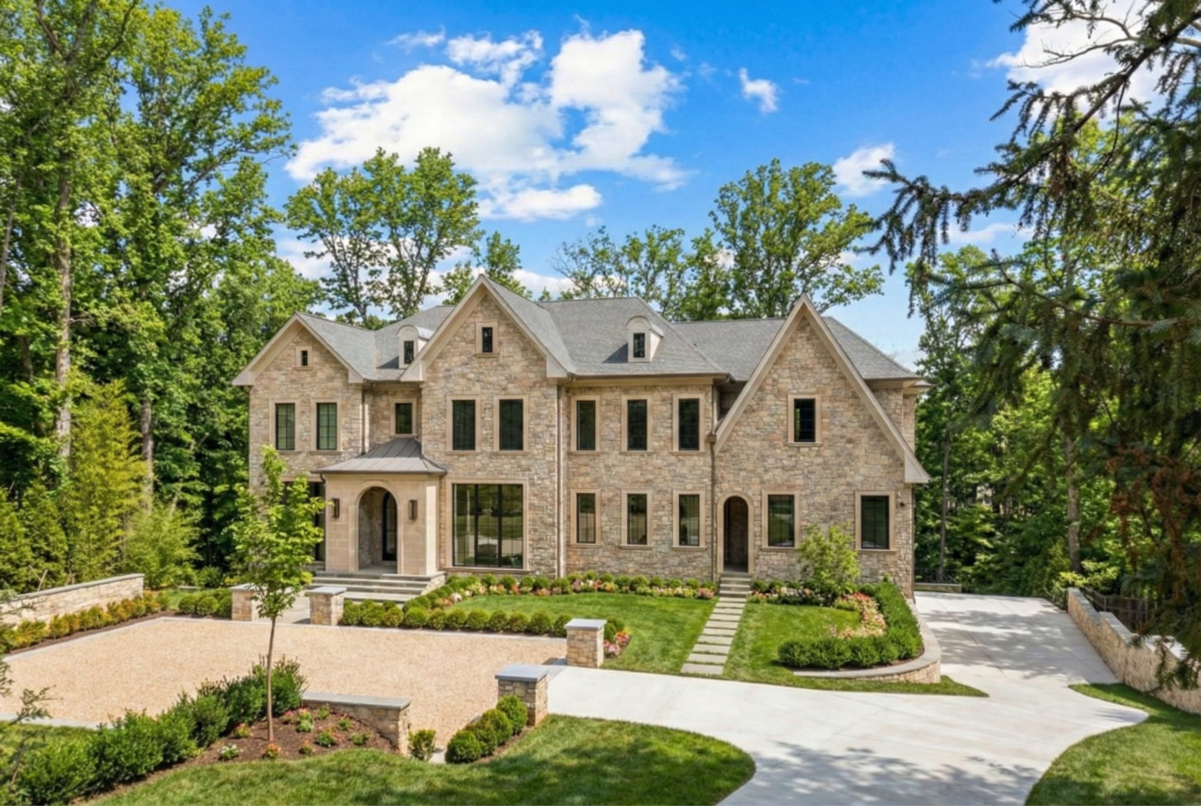 Front exterior of the Overlook estate, a custom luxury home on Overlook Road in McLean, VA